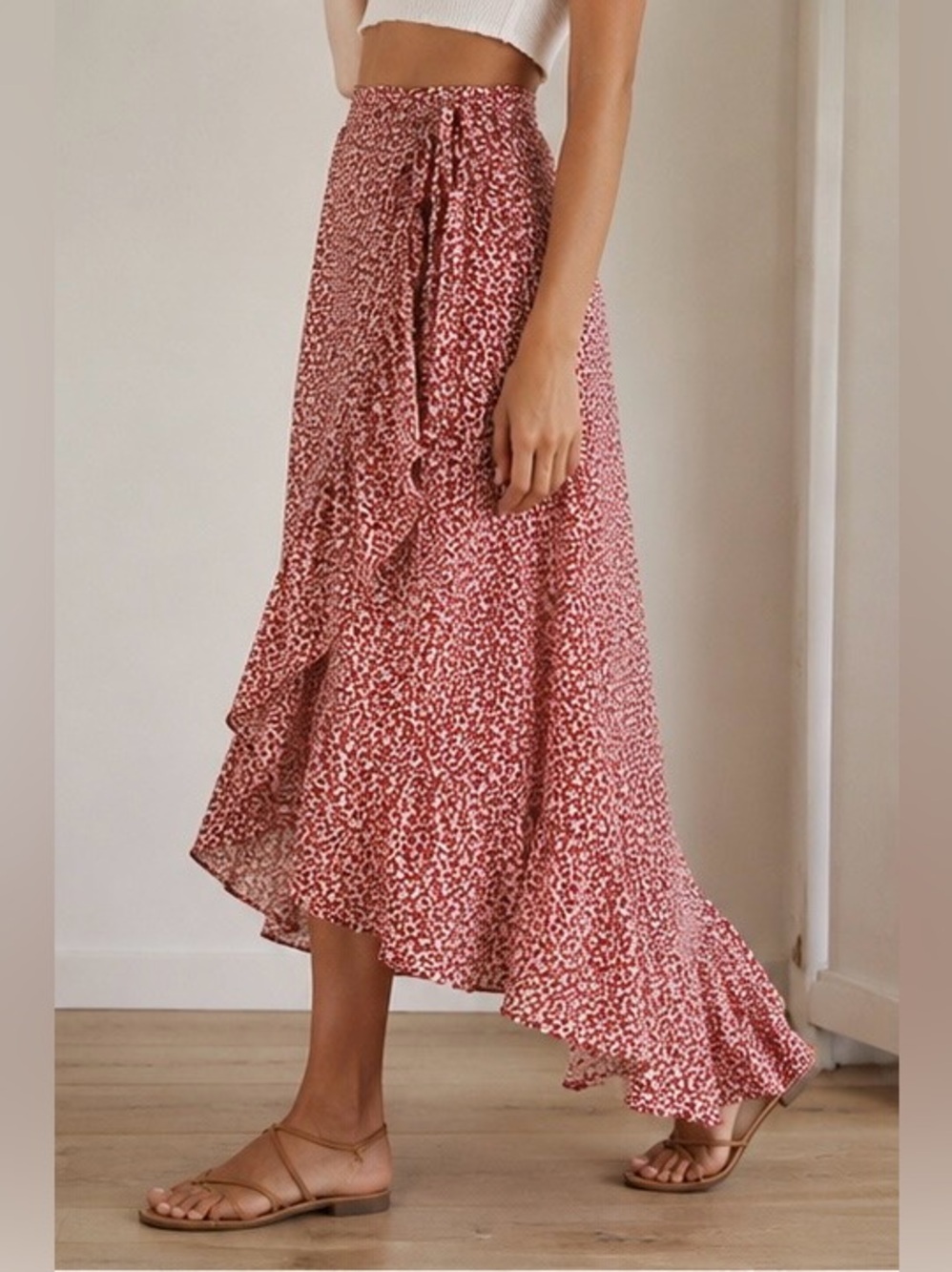 Max Studio Ditsy Floral RedWrap Midi Skirt Romantic Boho Size S - Picture 2 of 11